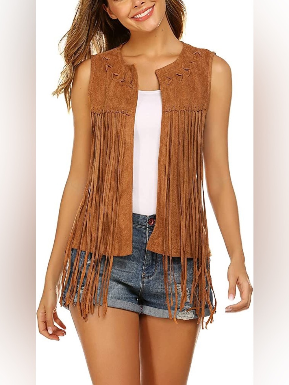 HOTOUCH Women Fringe Vest Faux Suede Tassels 70s Hippie Open-Front Sleeveless